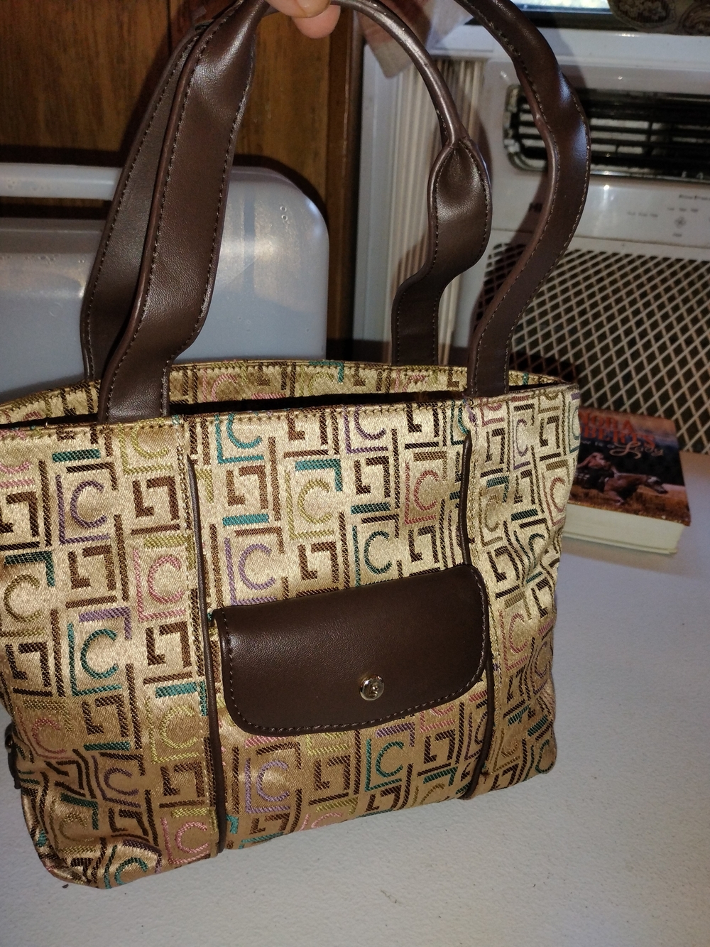 Multicolor Patterned Tote Bag with Brown Trim